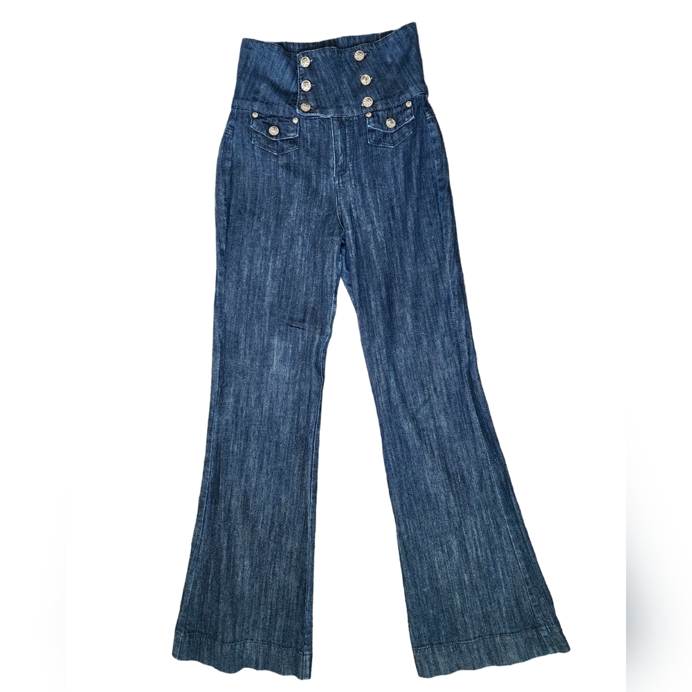 Vintage Y2K YNQ Ultra-High Rise Dark Wash Goth Flare Skull Jeans / Size 9